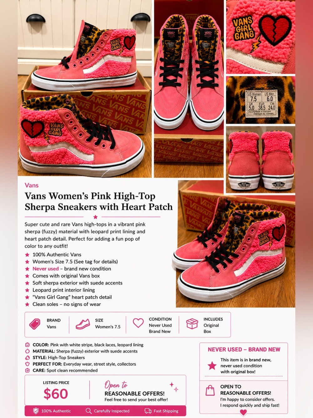 Vans Women’s Pink High-Top Sherpa Sneakers with Heart Patch